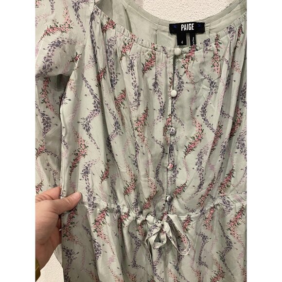 Paige Marjie Dress Womens 4 Green Floral Long Sleeve Tiered Button Front Mini - Picture 2 of 5